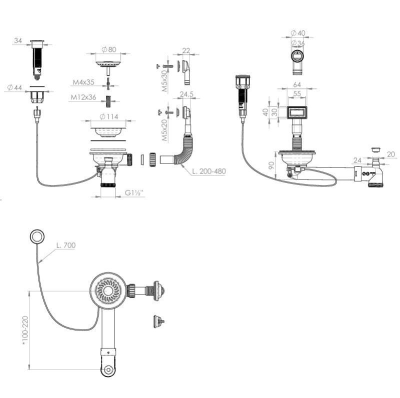 Pure.Sink Universal Conjunto de drenagem branco fosco, incluindo botão de pressão com tampão, além de transbordamento retangular e redondo WSTAUT-32