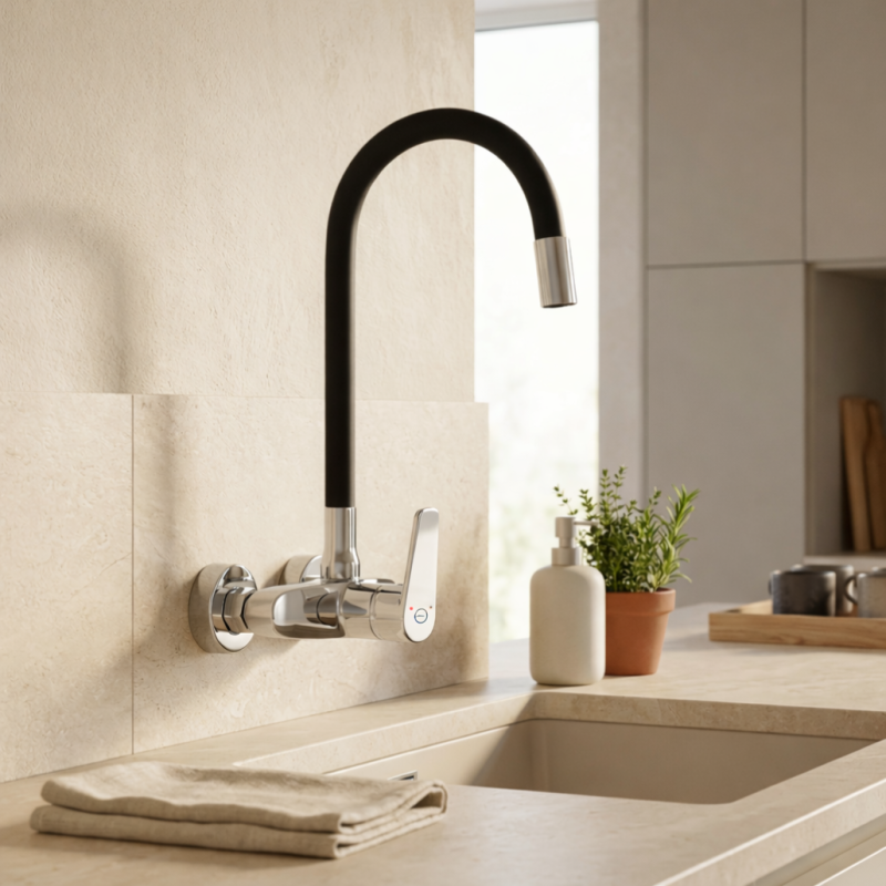 Aquanello Casa Torneira de cozinha de parede cromada com bico alto flexível CR-1301-CS