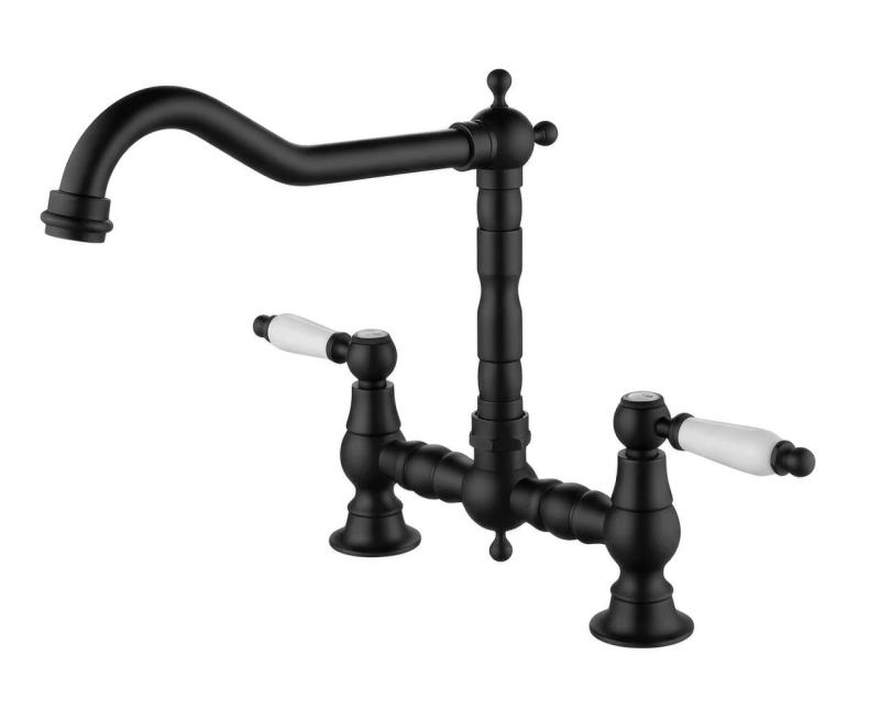 Aquanello Heritage Manor Torneira de cozinha clássica com design nostálgico, em preto com manípulo branco BL-0010-HM