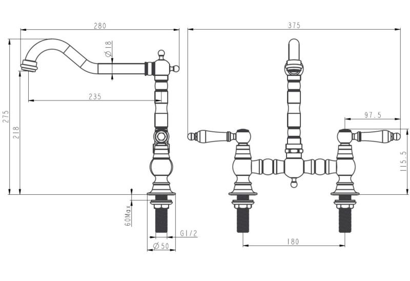 Aquanello Heritage Manor Torneira de cozinha clássica com design nostálgico em aço inoxidável e manípulo branco NB-0010-HM