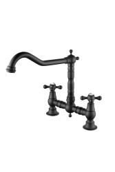 Aquanello Heritage Ascot Torneira de cozinha clássica com design nostálgico em forma de ponte, preta com manípulos em cruz BL-4001-HA