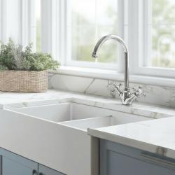 Aquanello Heritage Ascot Torneira de cozinha clássica nostálgica cromada com bico redondo CR-4003-HA