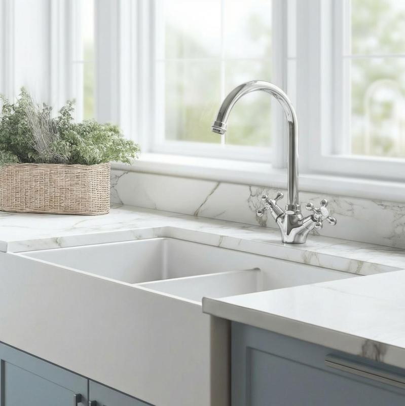 Aquanello Heritage Ascot Torneira de cozinha clássica nostálgica cromada com bico redondo CR-4003-HA