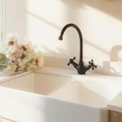 Aquanello Heritage Ascot Torneira de cozinha clássica e nostálgica, preta com bico redondo BL-4003-HA