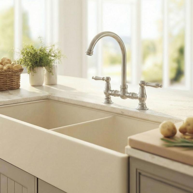 Aquanello Heritage Manor Torneira de cozinha clássica com design nostálgico, cromada com manípulo branco e bico redondo CR-0011-HM