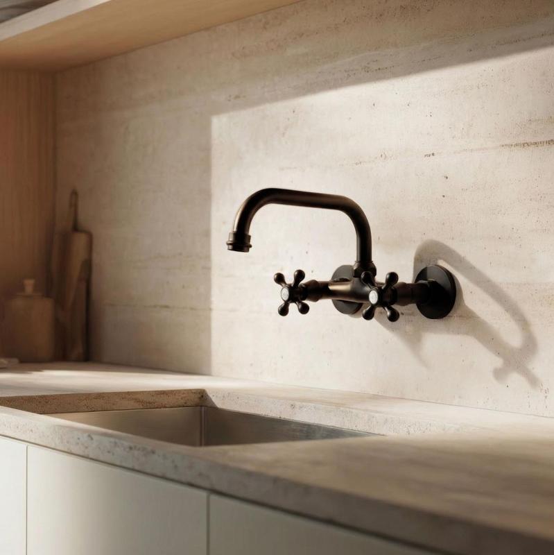 Aquanello Heritage Ascot Torneira de parede clássica para cozinha com bico superior preto BL-4110-HA