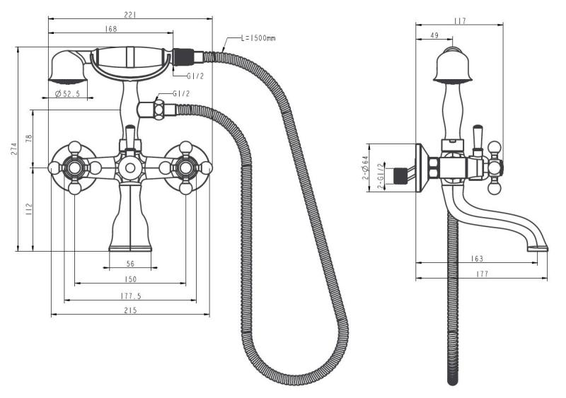 Aquanello Heritage Ascot Torneira clássica para banheira com botões estrela cromados, incluindo chuveiro de mão CR-3002-HA