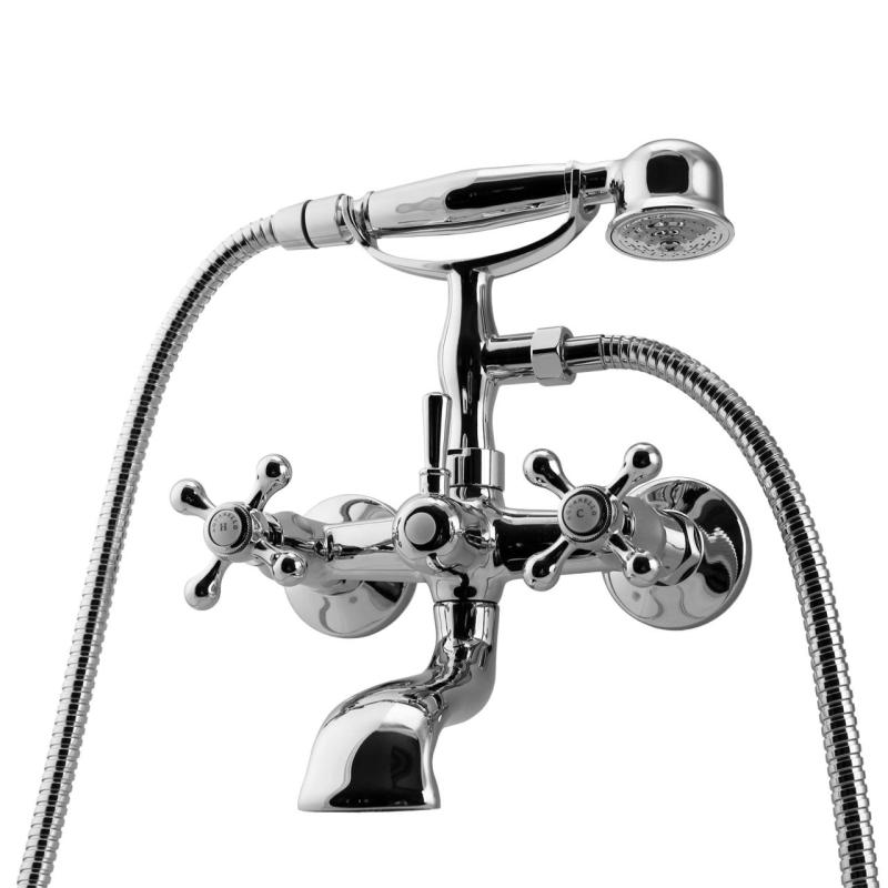 Aquanello Heritage Ascot Classic Surface-Mounted Bath Mixer with Star Knobs, Stainless Steel, including Hand Shower NB-3002-HA