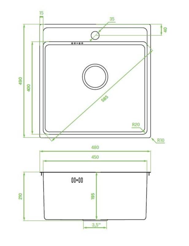 Aquadesign Plana Pia de aço inoxidável para montagem em superfície 48 x 49 cm com orifício para torneira, incluindo sifão e tampão de drenagem Clickclack 1208972559